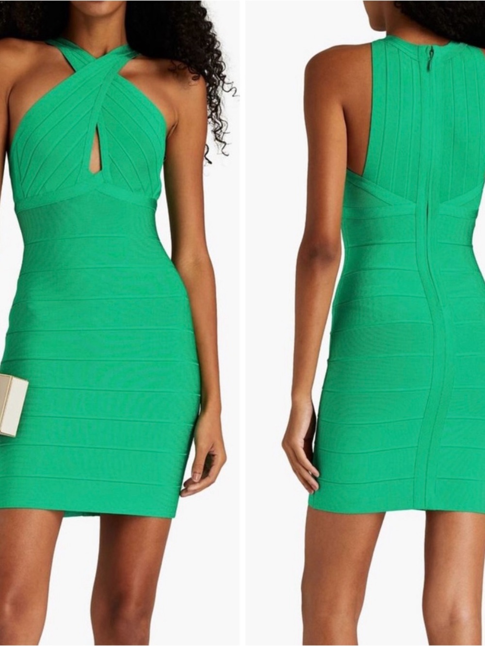 NWT Herve Leger Emerald Green Cross-Neck Bandage Mini Dress